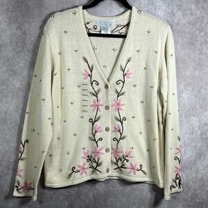 Vintage Mandal Bay Cardigan‎ Sweater Womens Medium Cream Knit Floral Cottagecore